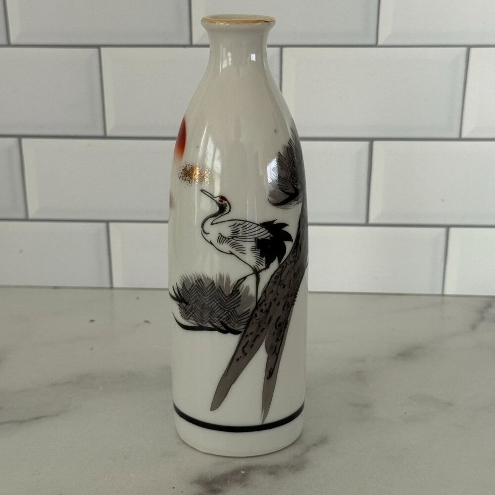 Vintage Japanese Ceramic Vase W/ Crane & Sun Design Made In Japan Gold Rim Accen